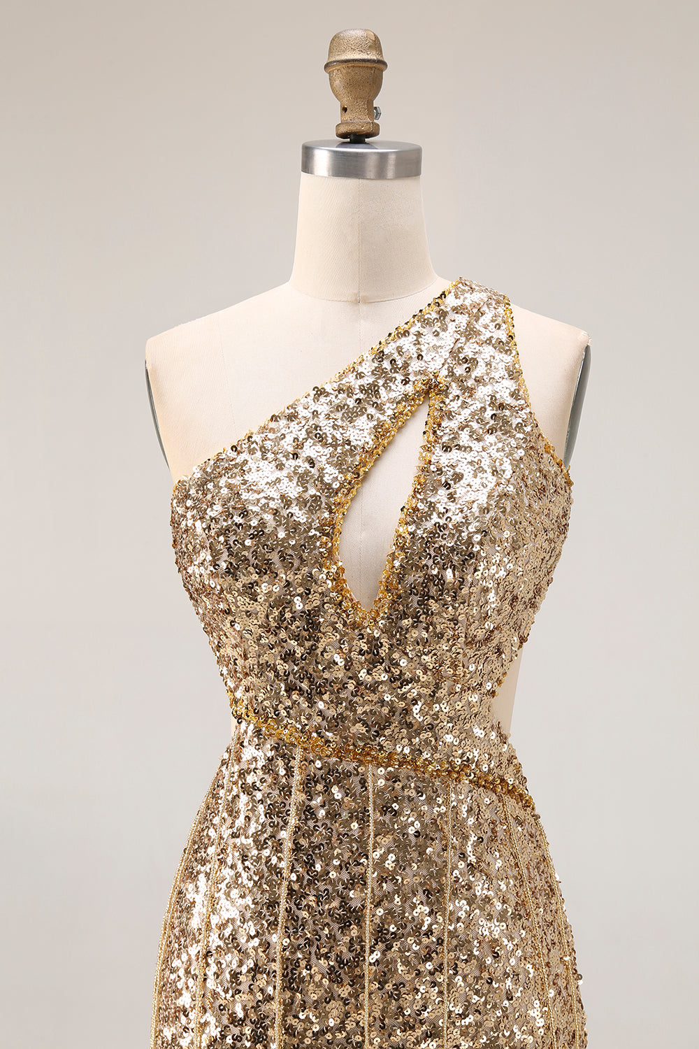 Sparkly Gold Sequin Mermaid One Shoulder Long Prom Dress with Slit