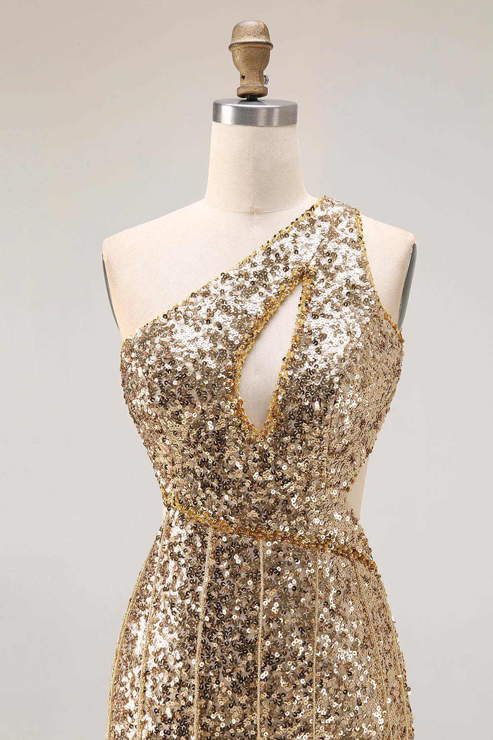 Sparkly Gold Sequin Mermaid One Shoulder Long Prom Dress with Slit