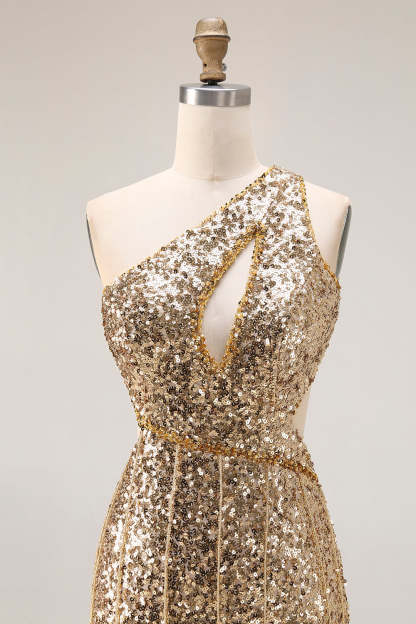 Sparkly Gold Sequin Mermaid One Shoulder Long Prom Dress with Slit