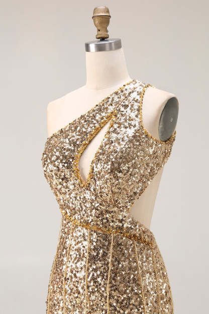 Sparkly Gold Sequin Mermaid One Shoulder Long Prom Dress with Slit