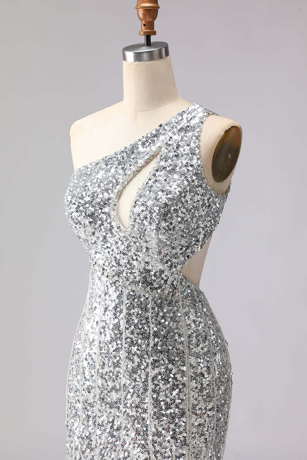 Sparkly Gold Sequin One Shoulder Maxi Prom Dress with Keyhole