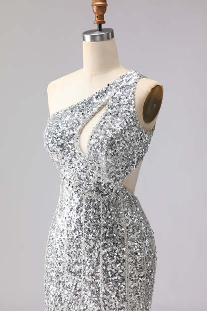 Sparkly Gold Sequin One Shoulder Maxi Prom Dress with Keyhole