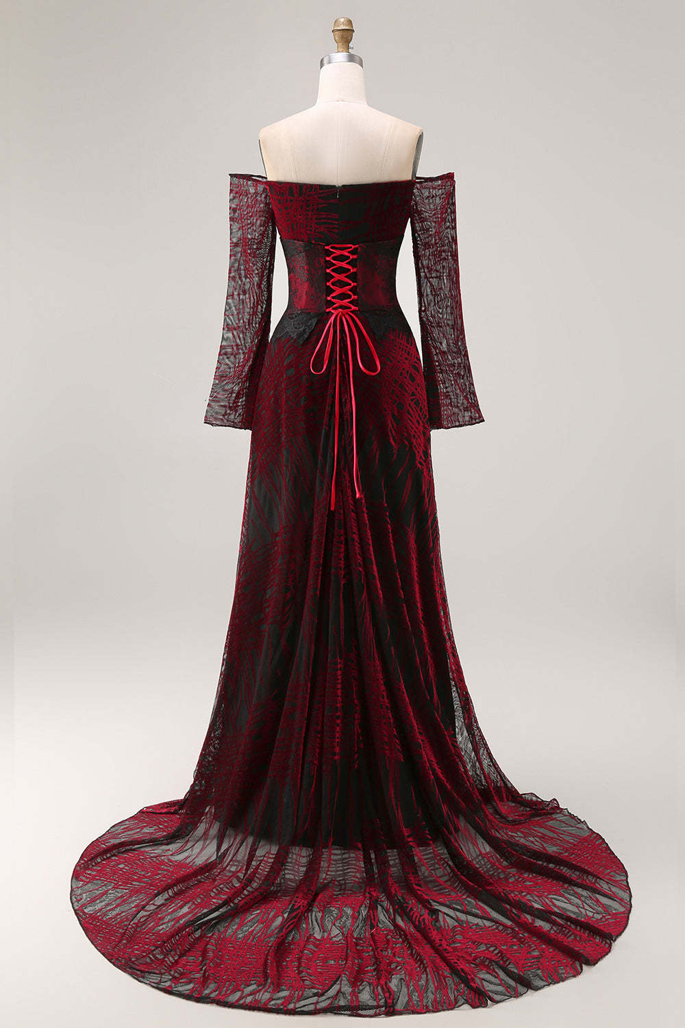 Black and Red A Line Long Off the Shoulder Prom Dress with Lace