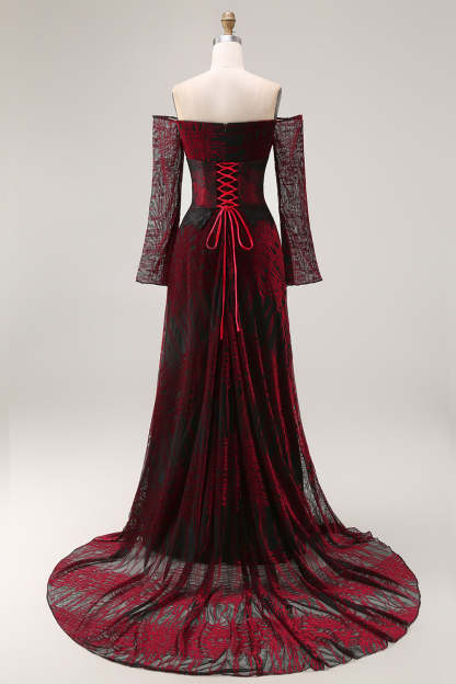 Black and Red A Line Long Off the Shoulder Prom Dress with Lace