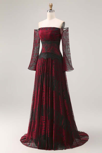 Black and Red A Line Long Off the Shoulder Prom Dress with Lace