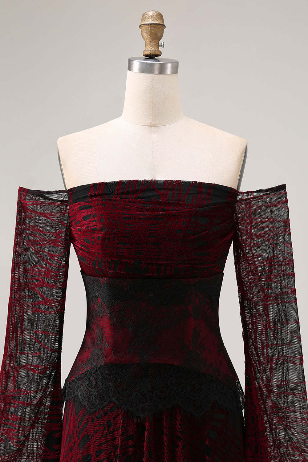 Black and Red A Line Long Off the Shoulder Prom Dress with Lace