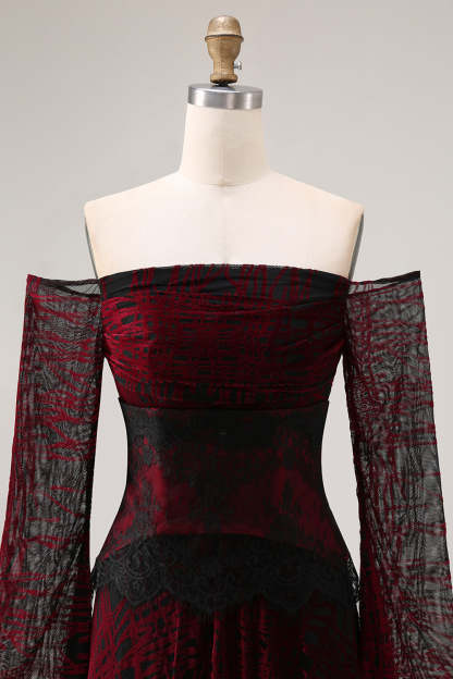 Black and Red A Line Long Off the Shoulder Prom Dress with Lace