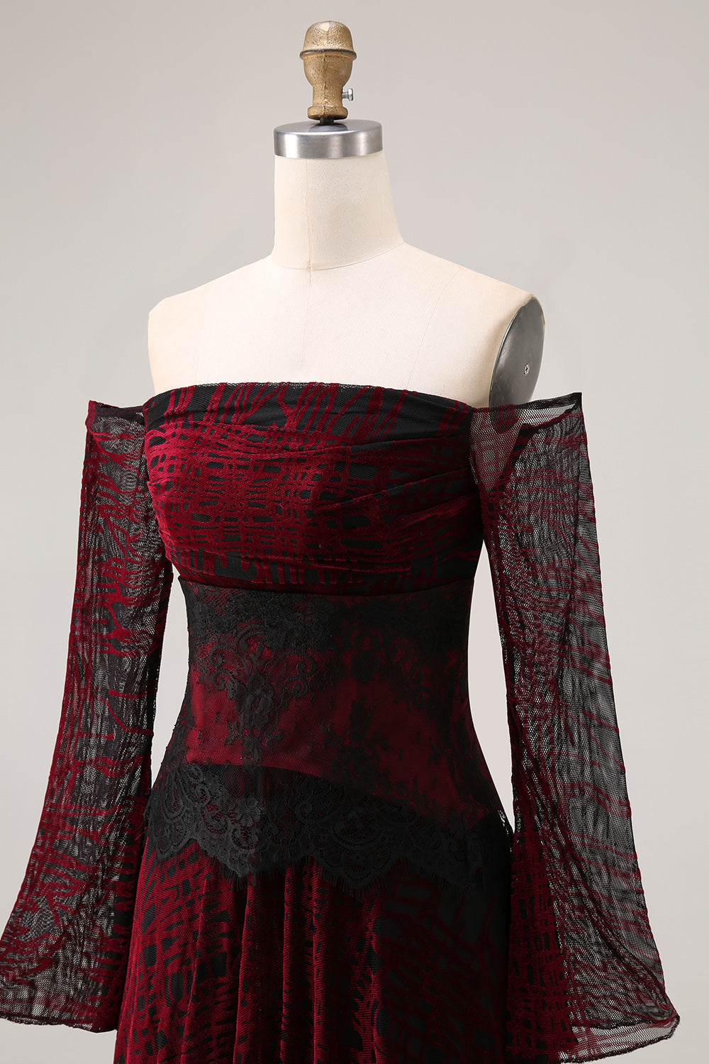 Black and Red A Line Long Off the Shoulder Prom Dress with Lace