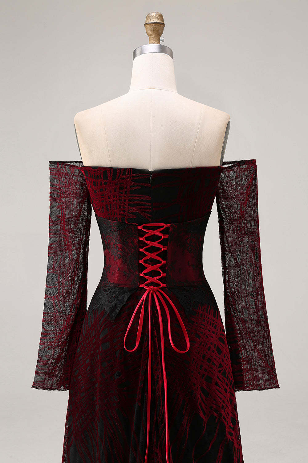 Black and Red A Line Long Off the Shoulder Prom Dress with Lace