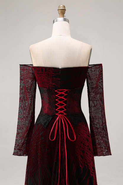 Black and Red A Line Long Off the Shoulder Prom Dress with Lace