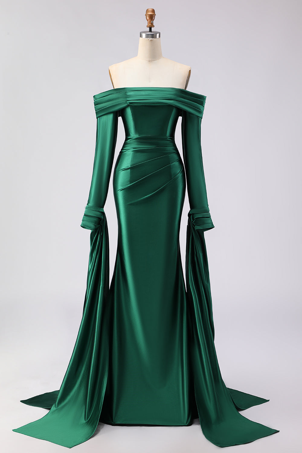 Leely Women Dark Green Mermaid Long Prom Dress with Sleeves Satin Off the Shoulder Ruched Evening Dress