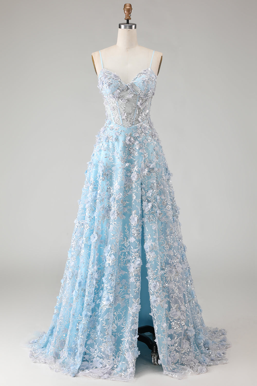 Floral Blue Sparkly Beaded Sheer Boned Corset Maxi Prom Dress with Slit