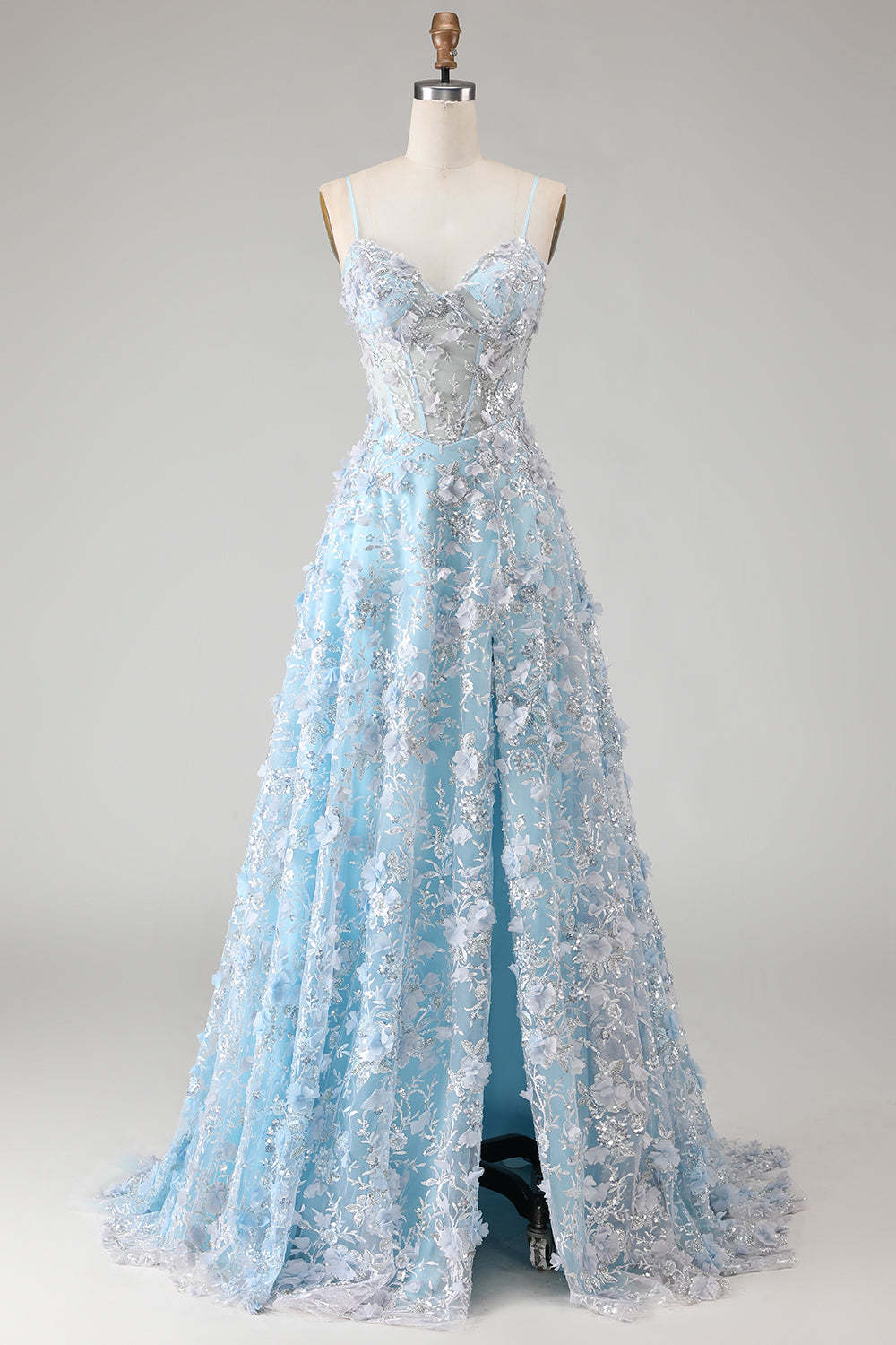 Floral Blue Sparkly Beaded Sheer Boned Corset Maxi Prom Dress with Slit