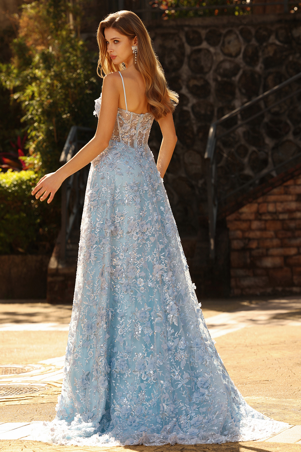 Sparkly Blue A Line Floral Beaded Long Corset Prom Dress with Slit