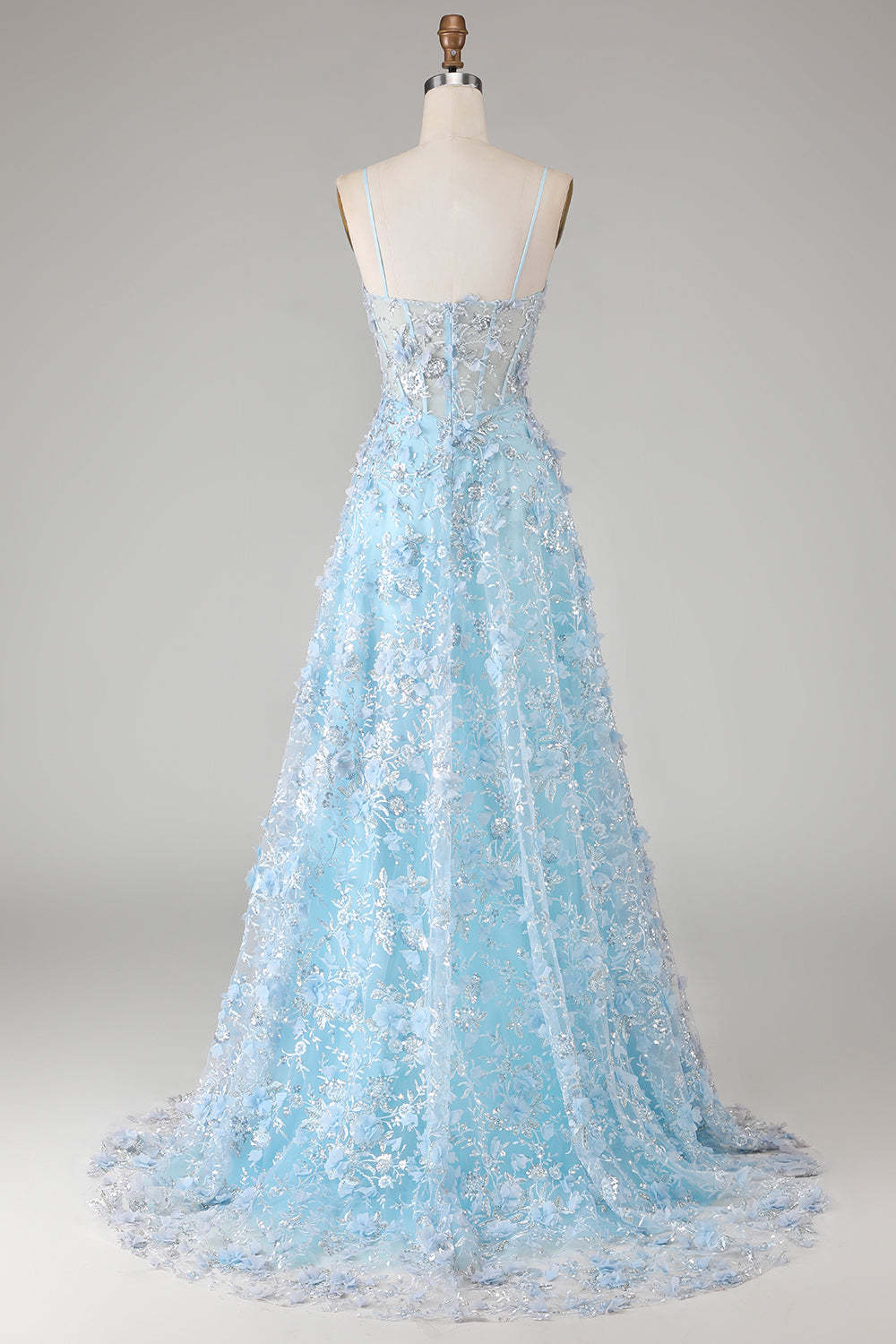 Floral Blue Sparkly Beaded Sheer Boned Corset Maxi Prom Dress with Slit