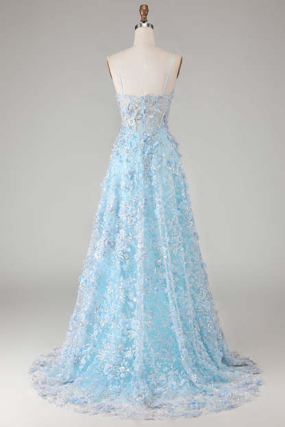 Floral Blue Sparkly Beaded Sheer Boned Corset Maxi Prom Dress with Slit
