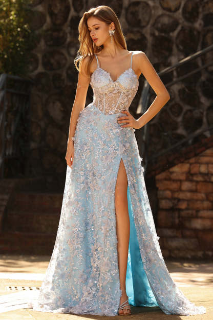 Floral Blue Sparkly Beaded Sheer Boned Corset Maxi Prom Dress with Slit