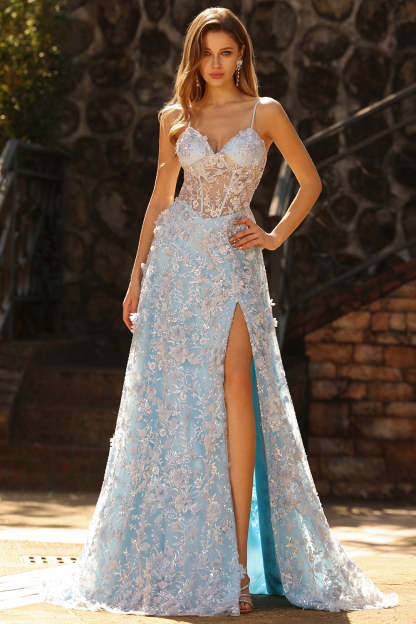 Floral Blue Sparkly Beaded Sheer Boned Corset Maxi Prom Dress with Slit