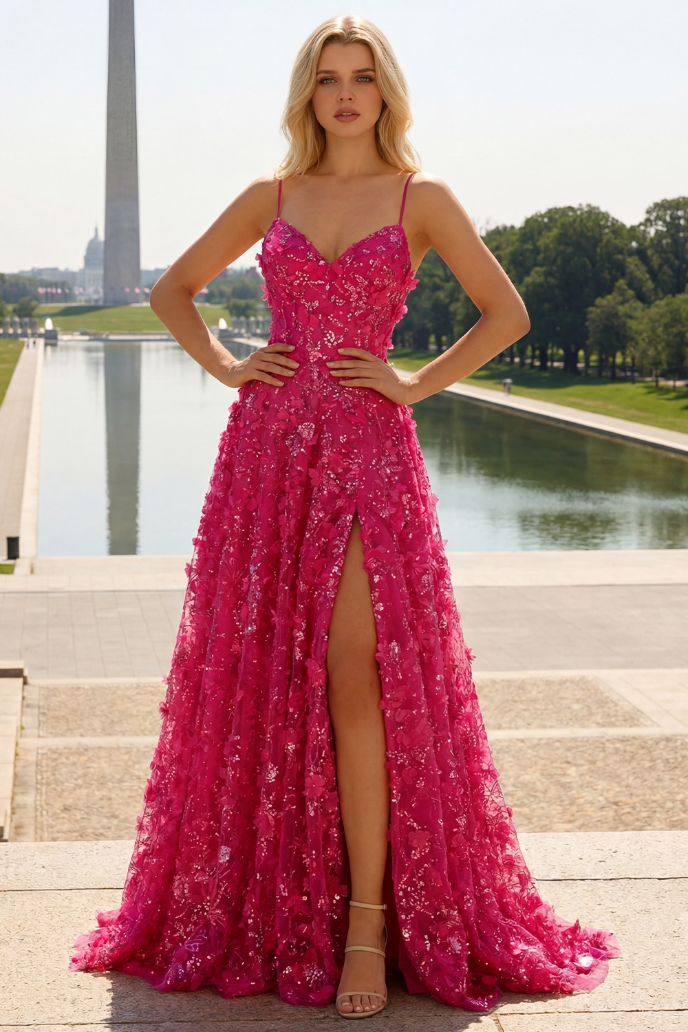 Sparkly Fuchsia Floral A-Line Beaded Long Corset Prom Dress with Slit