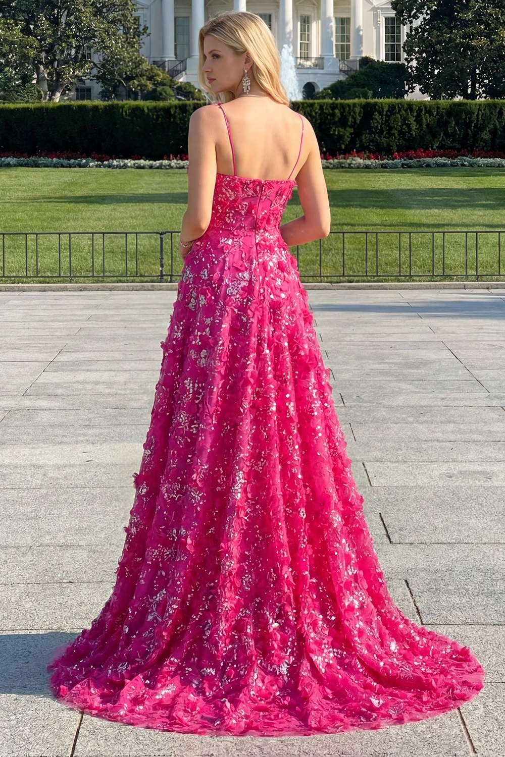 Sparkly Fuchsia Floral A-Line Beaded Long Corset Prom Dress with Slit