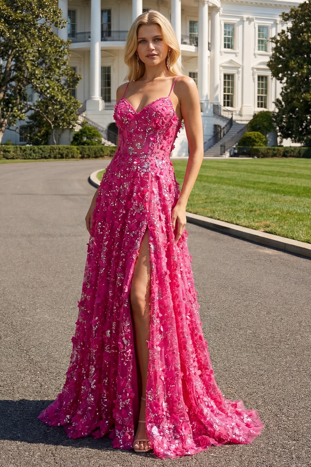 Sparkly Fuchsia Floral A-Line Beaded Long Corset Prom Dress with Slit
