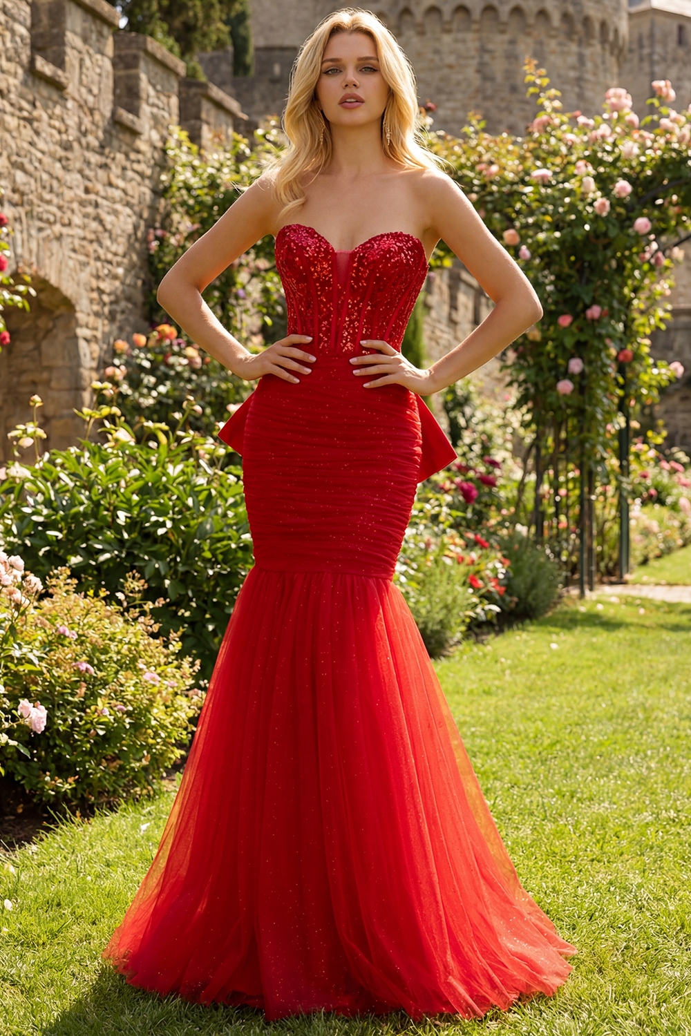 Sparkly Tulle Red Mermaid Long Corset Prom Dress with Bow