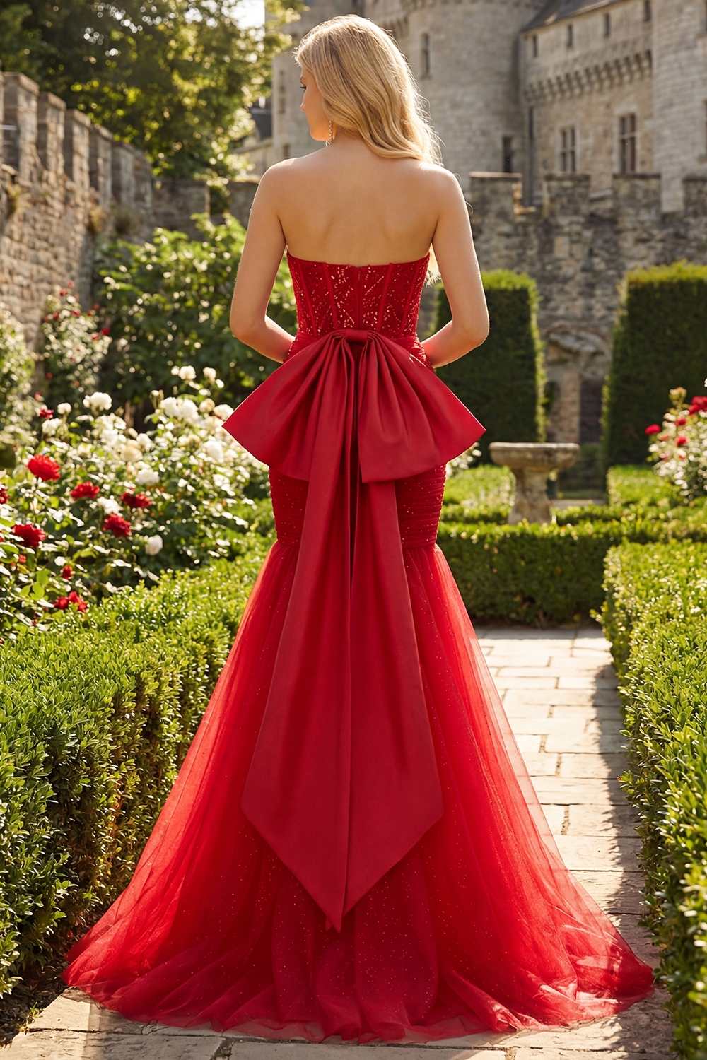 Sparkly Tulle Red Mermaid Long Corset Prom Dress with Bow