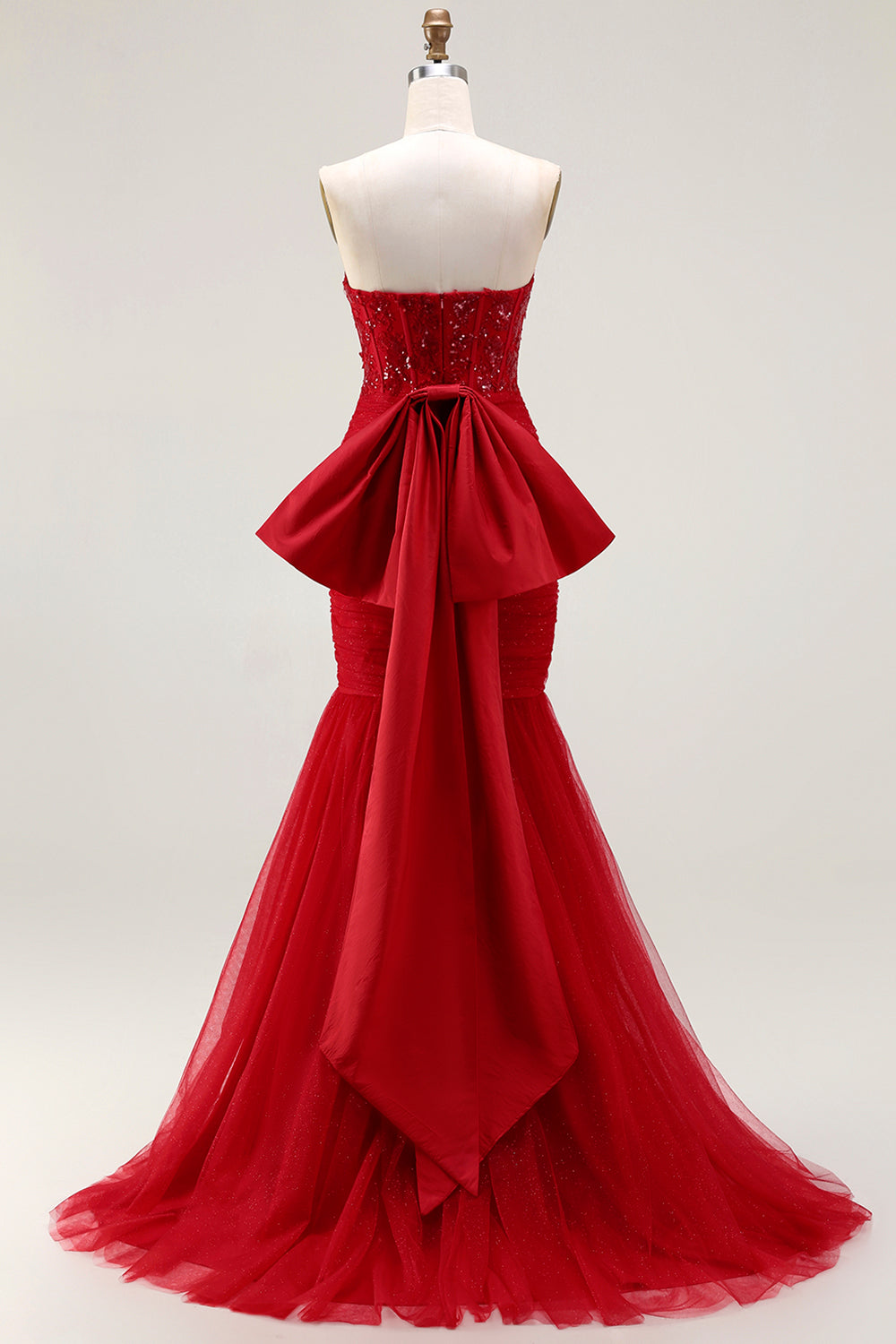 Sparkly Tulle Red Mermaid Long Corset Prom Dress with Bow