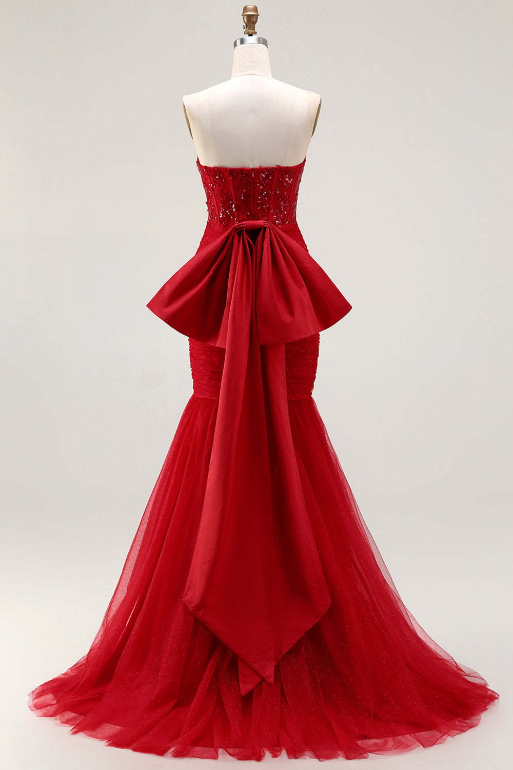 Sparkly Tulle Red Mermaid Long Corset Prom Dress with Bow