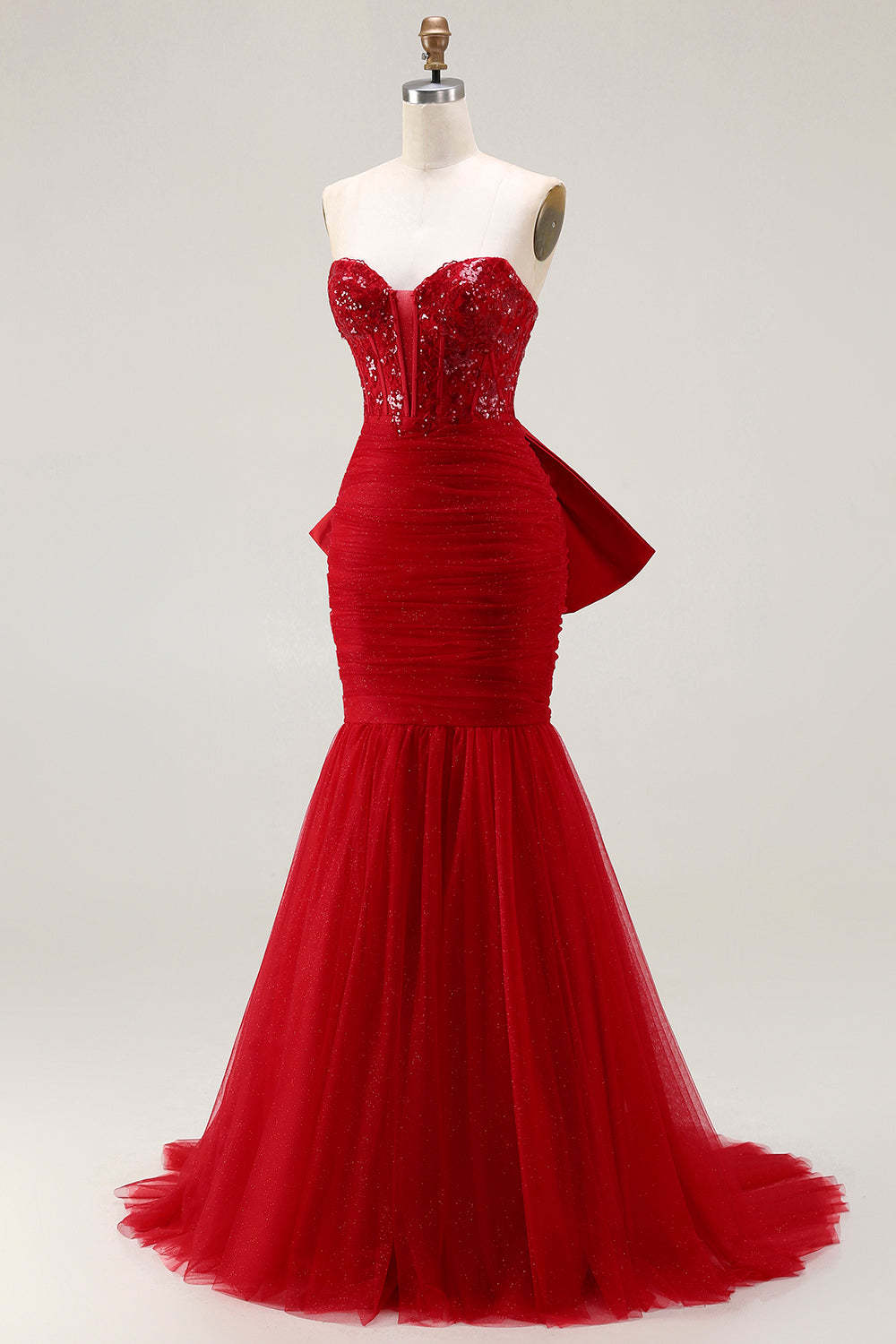 Sparkly Tulle Red Mermaid Long Corset Prom Dress with Bow