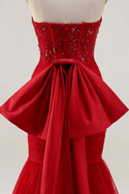 Sparkly Tulle Red Mermaid Long Corset Prom Dress with Bow