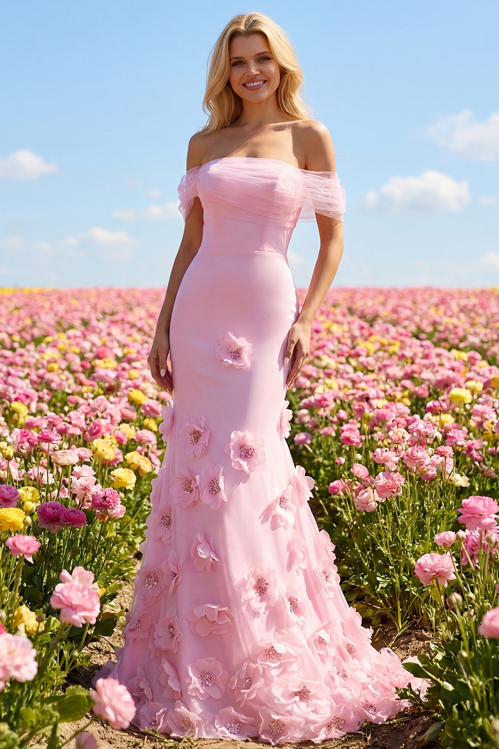 Sparkly Pink Mermaid Floral Off the Shoulder Long Prom Dress with 3D Flowers
