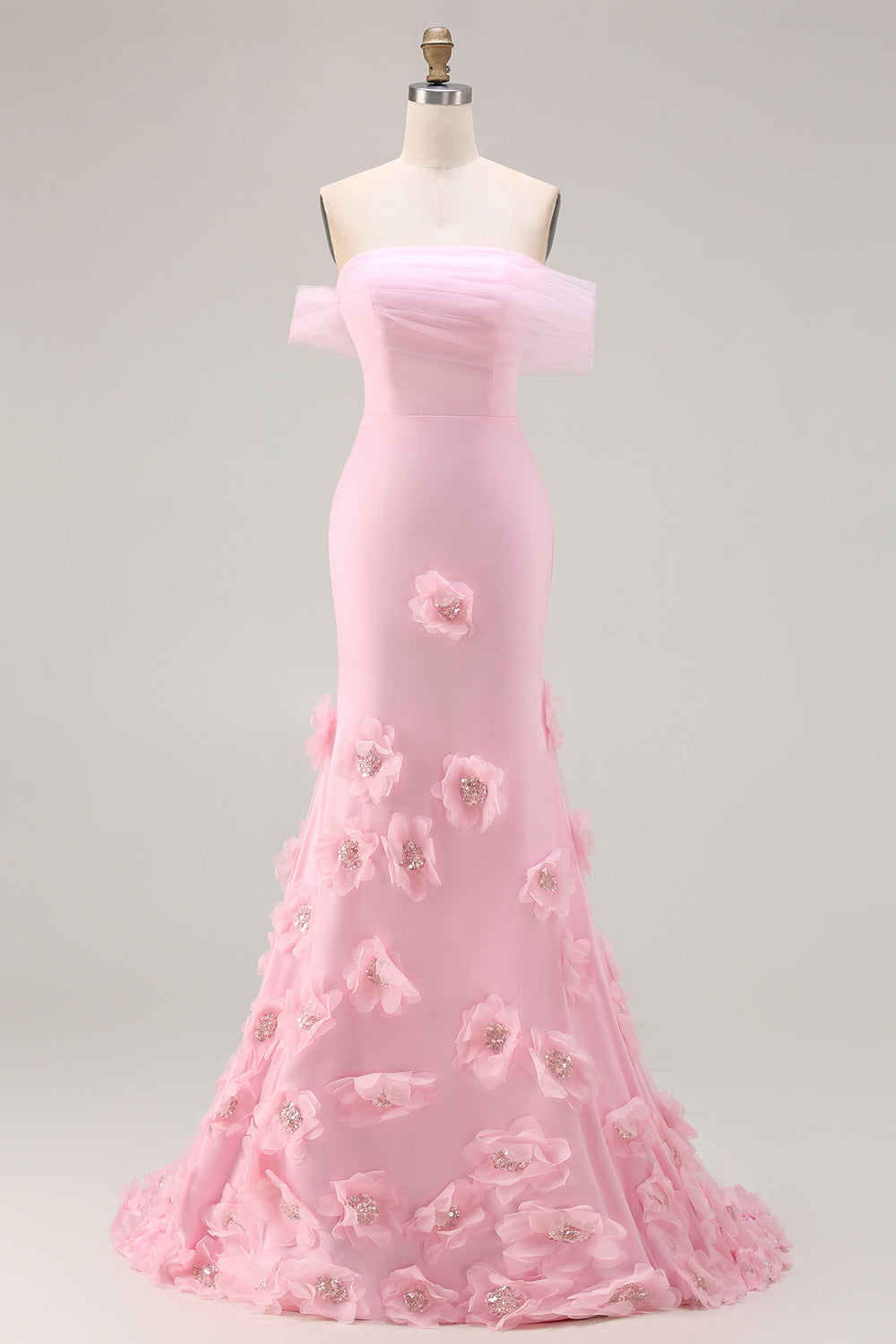 Sparkly Pink Mermaid Floral Off the Shoulder Long Prom Dress with 3D Flowers