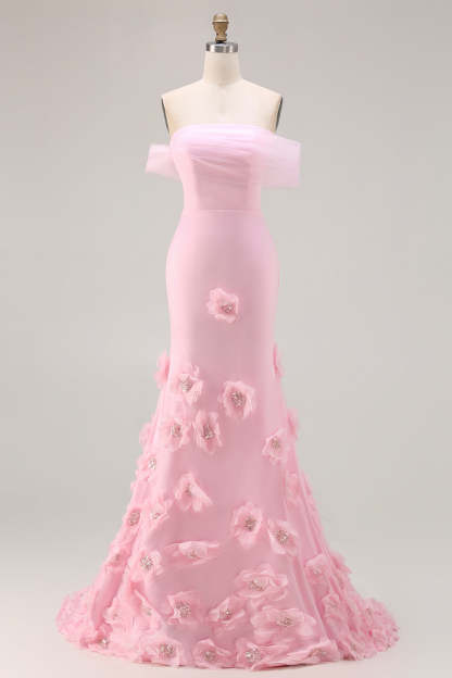 Leely Women Sparkly Pink Long Floral Prom Dress with 3D Flowers Off the Shoulder Mermaid Beaded Pageant Dress