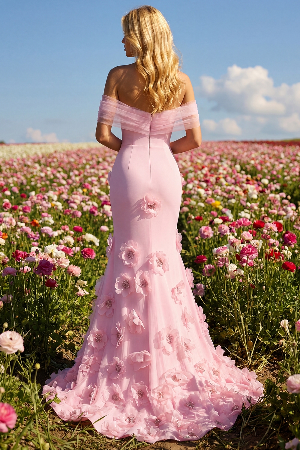 Sparkly Pink Mermaid Floral Off the Shoulder Long Prom Dress with 3D Flowers