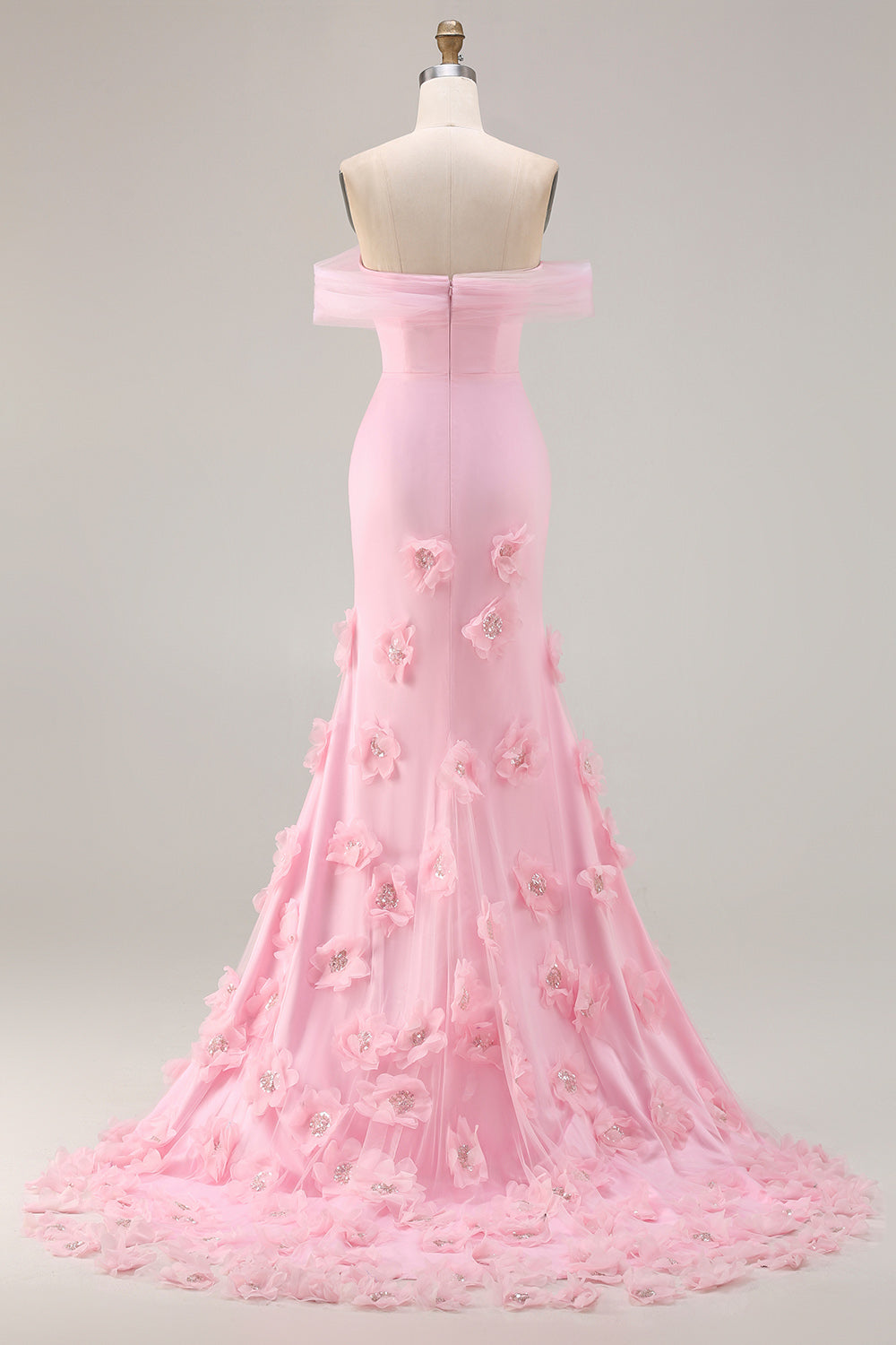 Sparkly Pink Mermaid Floral Off the Shoulder Long Prom Dress with 3D Flowers