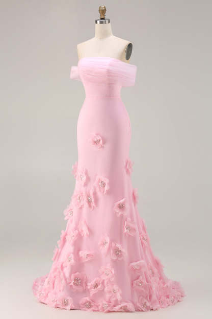 Sparkly Pink Mermaid Floral Off the Shoulder Long Prom Dress with 3D Flowers