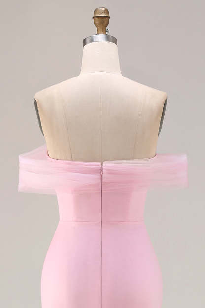 Sparkly Pink Mermaid Floral Off the Shoulder Long Prom Dress with 3D Flowers