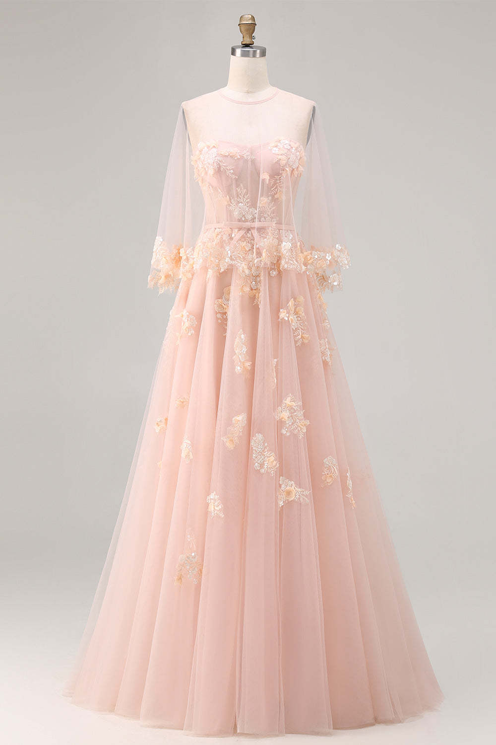 Leely Women Floral Blush Tulle Long Corset Prom Dress with Bows Appliqued A Line Pageant Dress with Cape