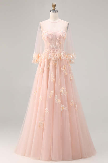Leely Women Floral Blush Tulle Long Corset Prom Dress with Bows Appliqued A Line Pageant Dress with Cape