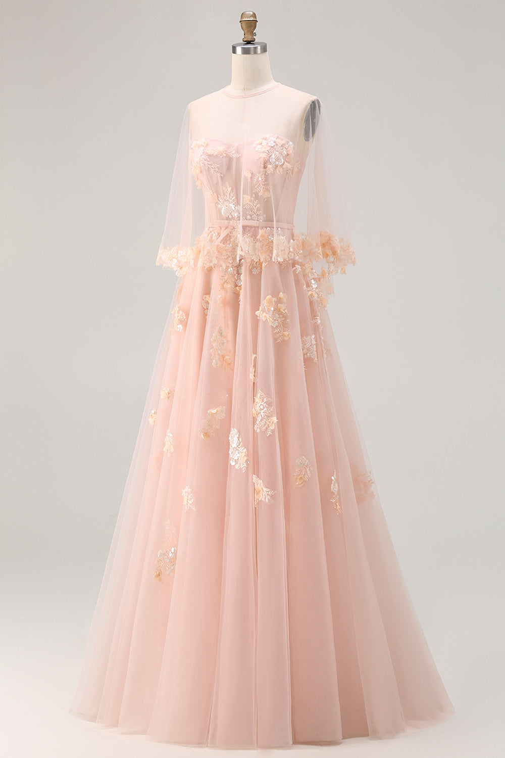 Blush Tulle Floral A Line Corset Long Prom Dress with Cape
