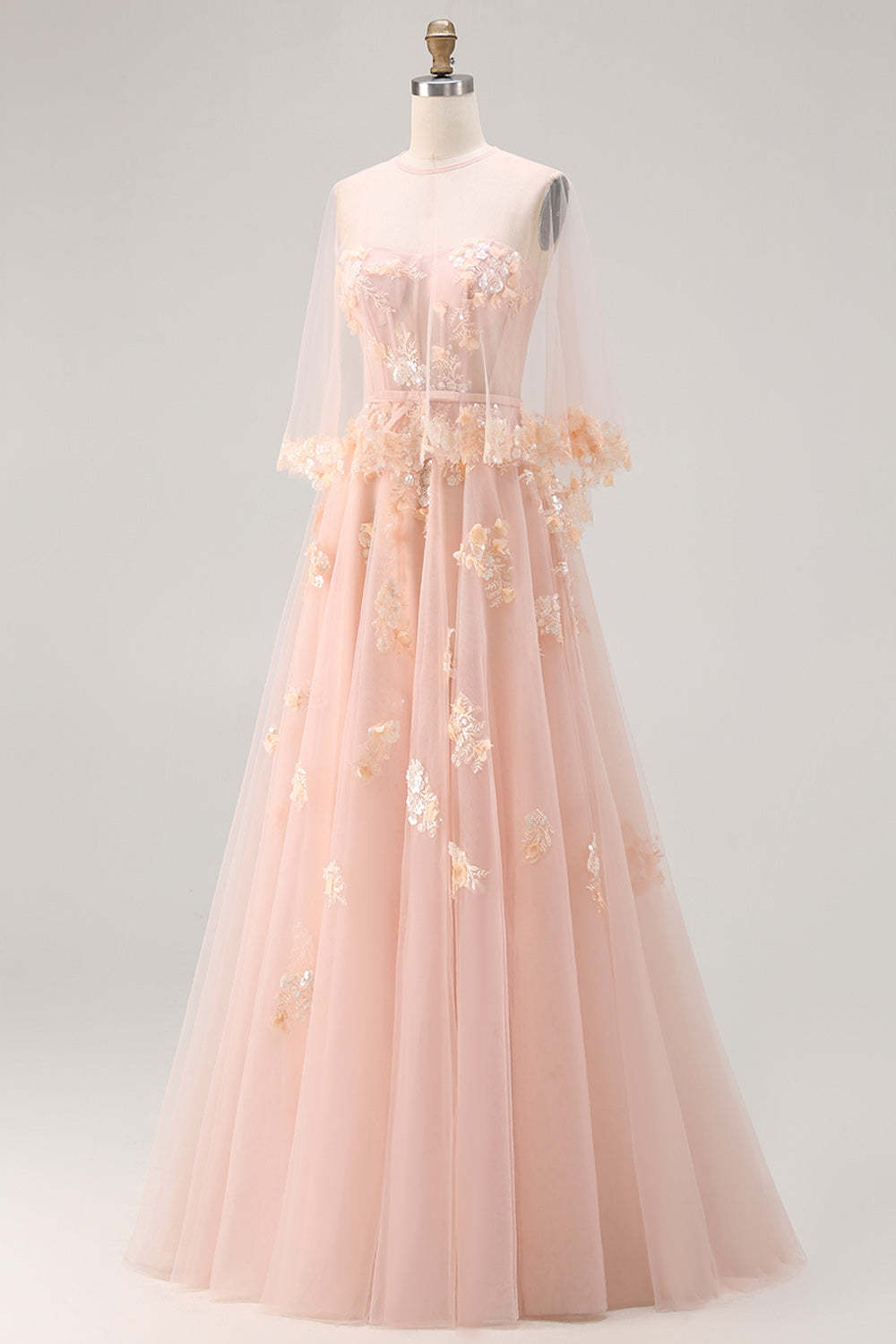 Blush Tulle Floral A Line Corset Long Prom Dress with Cape