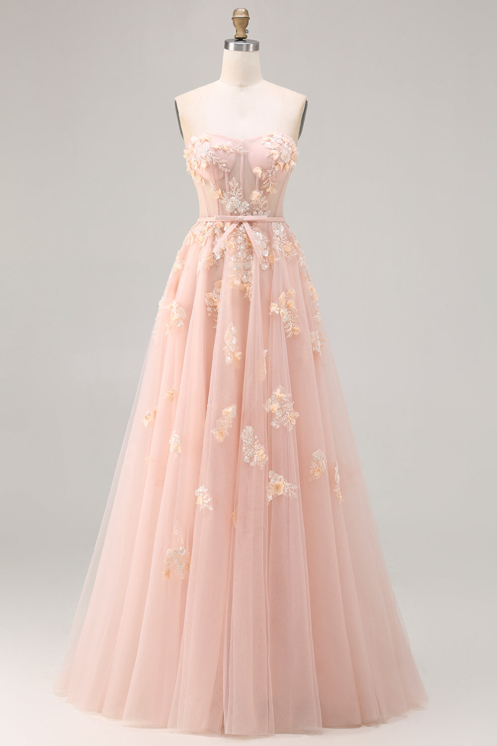 Blush Tulle Floral A Line Corset Long Prom Dress with Cape