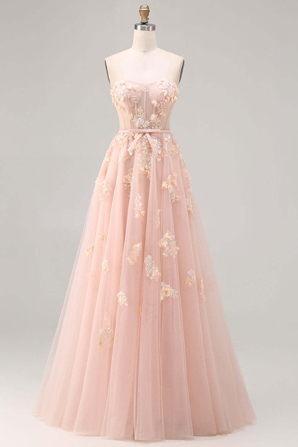 Blush Tulle Floral A Line Corset Long Prom Dress with Cape