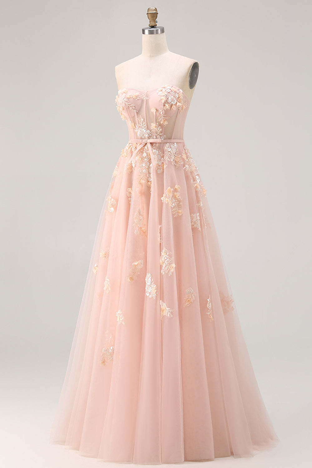 Blush Tulle Floral A Line Corset Long Prom Dress with Cape