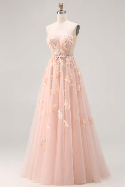 Blush Tulle Floral A Line Corset Long Prom Dress with Cape
