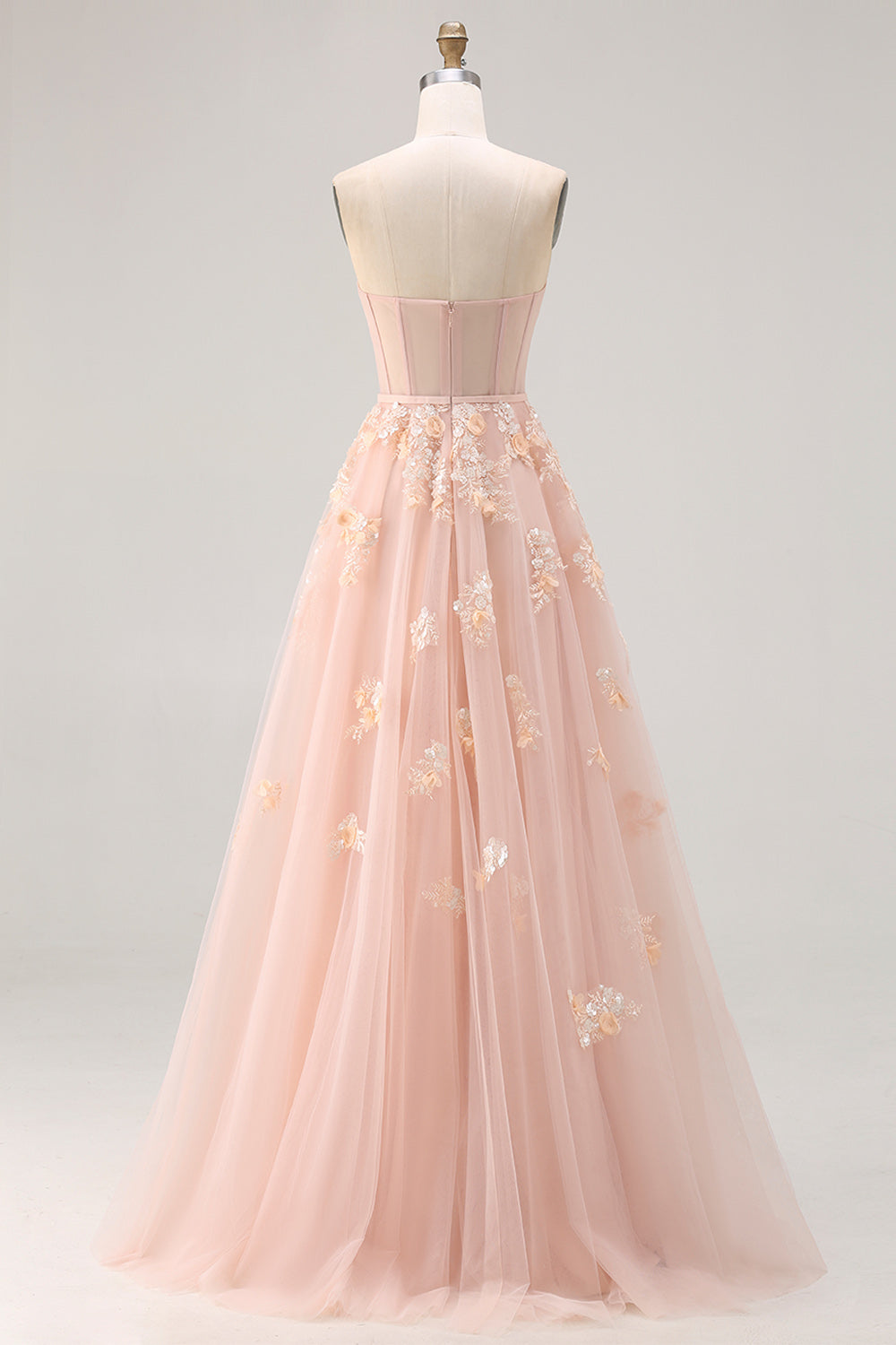 Blush Tulle Floral A Line Corset Long Prom Dress with Cape