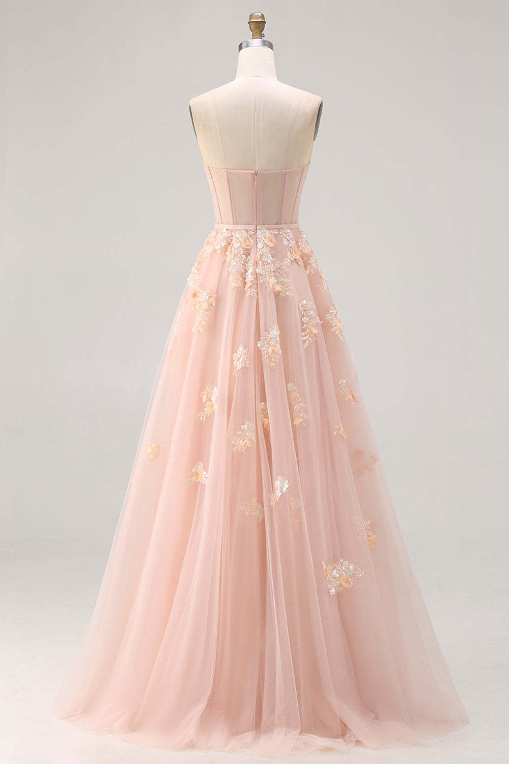Blush Tulle Floral A Line Corset Long Prom Dress with Cape