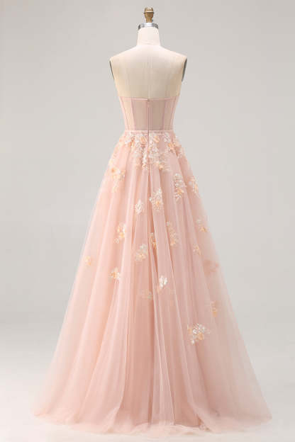 Blush Tulle Floral A Line Corset Long Prom Dress with Cape