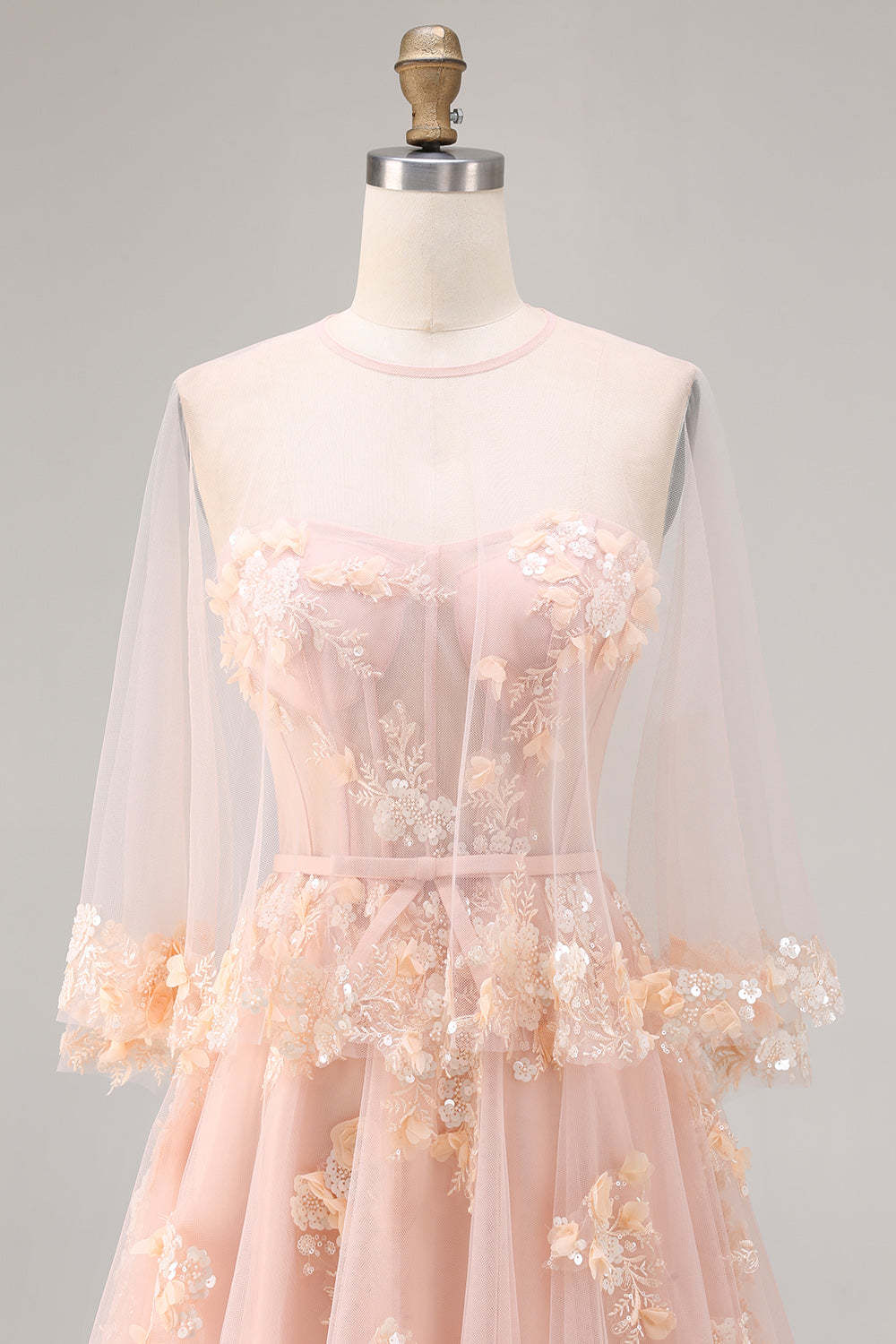 Blush Tulle Floral A Line Corset Long Prom Dress with Cape